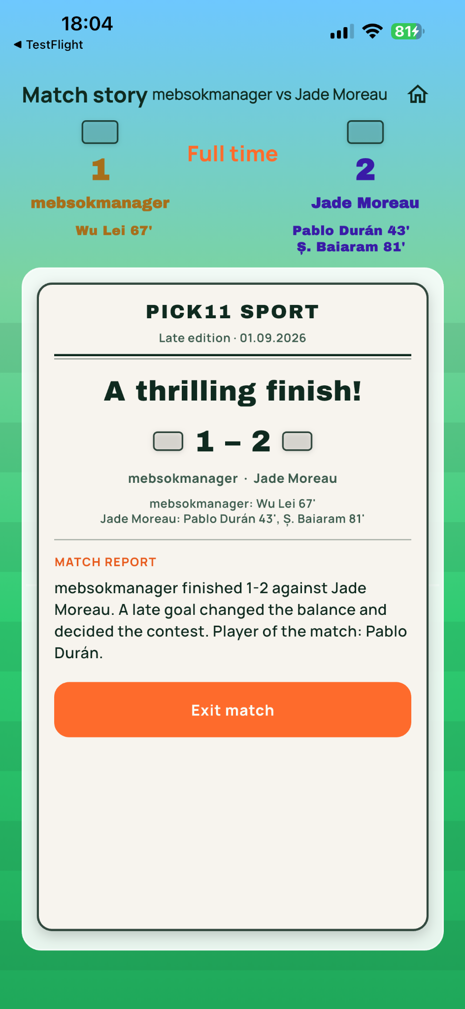 FutRoll match result